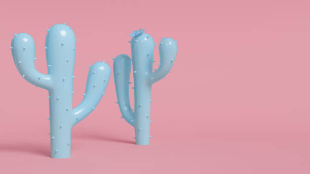istock Blue cactus couple on pink background. Minimalist pastel color design. 3D rendering. 2136446565