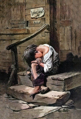 Vintage illustration depicts a homeless child huddled on a door stoop wearing ragged clothing. The late 19th century was marked by widespread poverty and homelessness. Families, especially children, faced tough times due to a lack of support and limited housing options. The image reflects the harsh realities of overcrowded slums and poor living conditions.