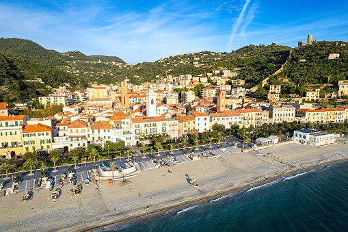 Aerial view of Celle Ligure at sunrise in northern Italy on the Mediterranean Sea