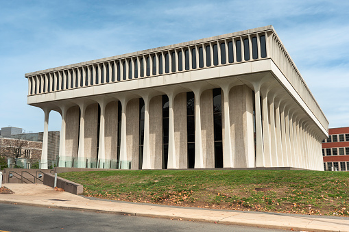 Princeton, New Jersey - October 28, 2022:  Princeton School of Public and International Affairs building by the dormitories on the campus of the Ivy League university.  Founded in 1746, the school is known for its engineering, science and humanities programs.