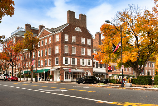 Princeton, New Jersey - October 28, 2022:  Downtown Nassau Street by the campus of the Ivy League university of Princeton.  Founded in 1746, the school is known for its engineering, science and humanities programs.
