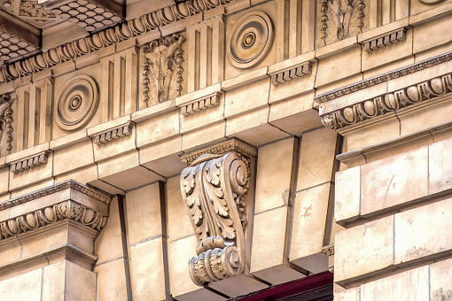 Architectural features of colonial and heritage building in Toronto, Canada. Sixty-Seven Yonge Street.