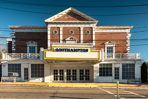 Southhampton, New York - October 27, 2022:  Movie theatre sign in the downtown village of Southhampton in The Hamptons Long Island.  Southhampton is an incorporated village in Suffolk County.