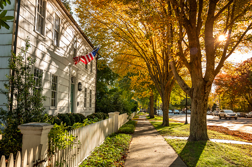 Southhampton, New York - October 27, 2022:  Victorian clapboard houses along the Main Street in the downtown village of Southhampton in The Hamptons Long Island.  Sag Harbor is an incorporated village in Suffolk County.