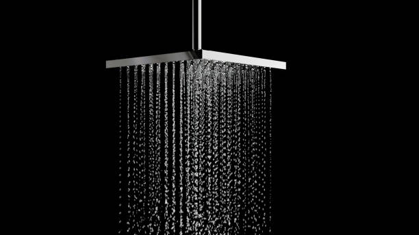 istock Closeup Macro Rain shower droplet water isolate on black background. Isometric view. 3D Rendering. 2136477149