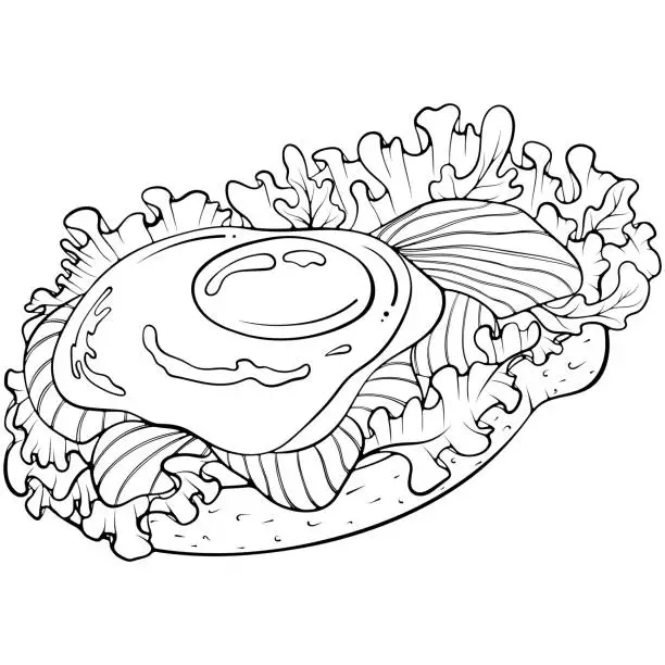 Vector illustration of Sandwich with egg and fish line art