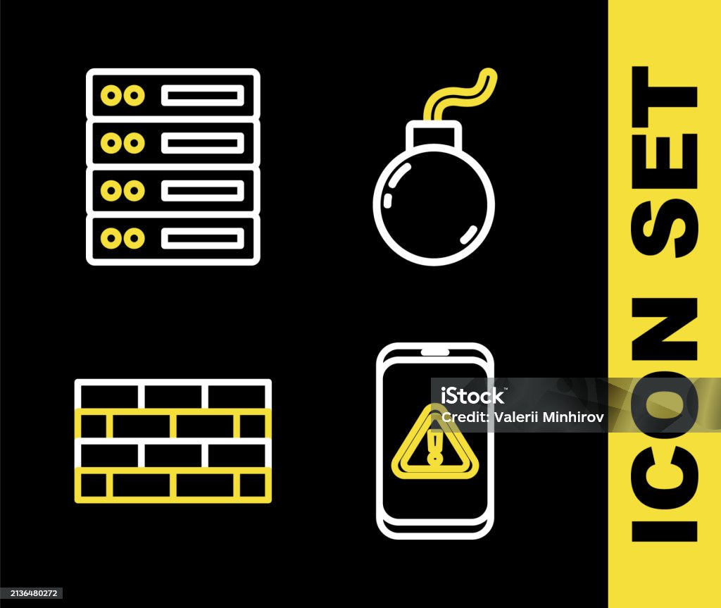 Server Explosion Icon Set Line Bomb Ready To Explode Mobile With Exclamation Mark Firewall ...
