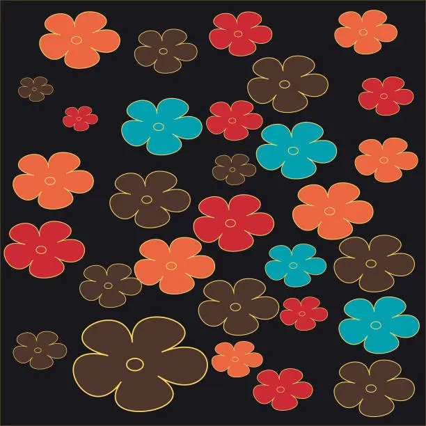 Vector illustration of A colorful floral pattern with a variety of colors and sizes on black color background. Vector illustration.