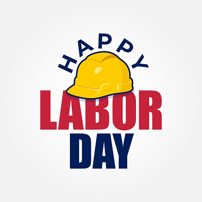 Happy Labor Day typography design with an isolated yellow Construction helmet vector illustration. Safety hard hat for Labour Day. 1st May workers day template, banner, poster, greeting card.