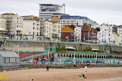 Brighton, Brighton And Hove, East Sussex, Southeastern England, United Kingdom, Britain, Europe - 16th March 2024: Brighton Seafront features a picturesque beach adorned with a blend of traditional Brighton coastal architecture and contemporary structures.\n\nThe seafront of Brighton and Hove in England offers a picturesque view of the beach, making it a sought-after travel destination in the UK. With its vibrant atmosphere and charming coastal town appeal, Brighton and Hove present a panoramic view that captivates tourists from all over.