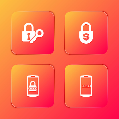 Set Lock and key, Money lock, Mobile password and icon. Vector.