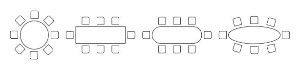 Cafe or restaurant seats arrangement plan. Table and chairs icons isolated on white background. Workplase, meeting or business training seatings scheme top view. Vector graphic illustration Cafe or restaurant seats arrangement plan. Table and chairs icons isolated on white background. Workplase, meeting or business training seatings scheme top view. Vector graphic illustration. banquet chairs stock illustrations