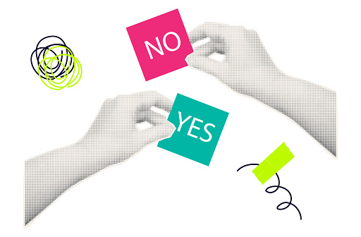 Yes and no, halftone collage. A woman's hand holds and shows notes with a message, correct, incorrect answer. Notice on paper note, magazine clipping for modern collage design. Contemporary vector art