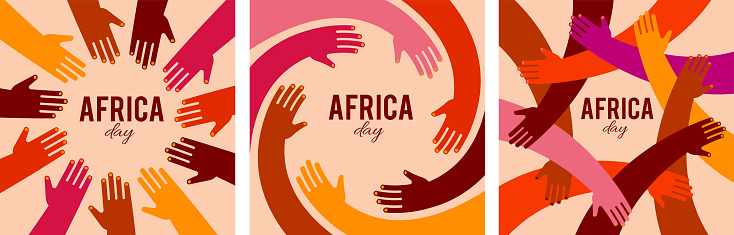 Colorful poster with circle of hands. Africa day, together, community concept design. Modern minimalist style vector illustration