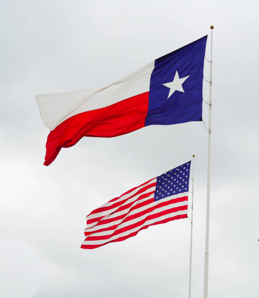 istock Texas State and US American Flags with White Sky Background, Close-up 2136638021