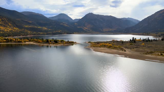 4k Aerial Drone Footage of Twin Lakes near Leadville Colorado with Autumn Fall Foliage