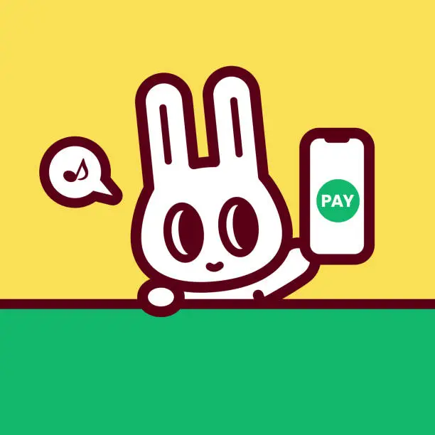 Vector illustration of A cute bunny behind the blank sign, holding a smartphone with a PAY button