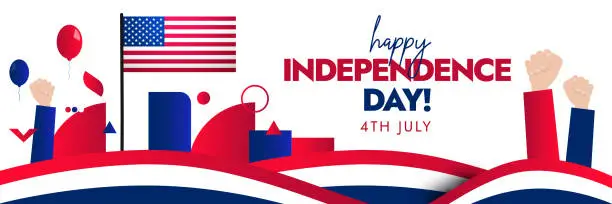 Vector illustration of 4th of July independence day. USA Independence Day post with hands wrist. Independence Day of United states of America on 4th July with modern abstract shapes in red and blue color. Social media post with USA flag.