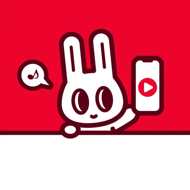 Vector illustration of A cute bunny behind the blank sign, holding a smartphone with a Play button