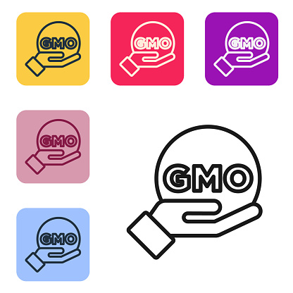 Black line GMO icon isolated on white background. Genetically modified organism acronym. Dna food modification. Set icons in color square buttons. Vector.
