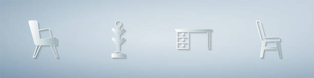 istock Set Armchair, Coat stand, Office desk and Chair. Paper art style. Vector 2136712286