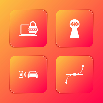 Set Laptop with password, Keyhole eye, Smart car alarm system and Bezier curve icon. Vector.