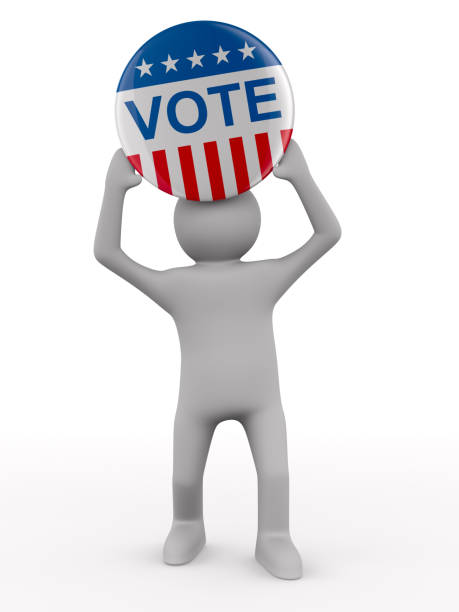 Man holding vote pin badge on white background. Isolated 3d illustration