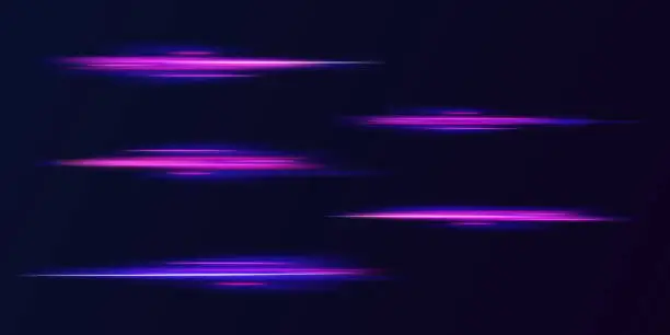 Vector illustration of High speed effect motion blur night lights blue and red. Futuristic neon light line trails. bright sparkling background. Purple glowing wave swirl, impulse cable lines. Long time exposure. Vector