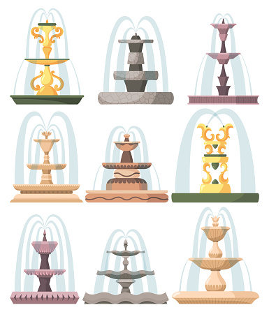 Set of water fountains and water splash. Vintage and modern architecture decor with splashing drops. Outdoor park decoration with architectural elements cartoon vector.