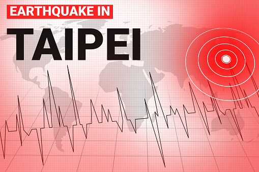 Earthquake in Taipei background with alarming red sismography and mark on the map, backdrop. Strong earthquake news concept design