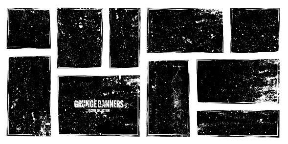 Grunge square frames, banners with stains and scratches. Brush stroke, rectangular shape design element. Distressed dirty text frame, border. Paintbrush, ink stains. Vector illustration.