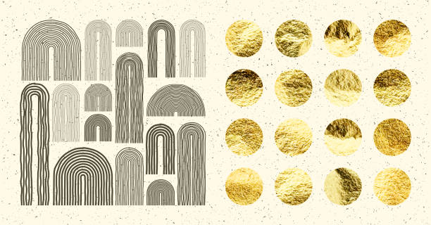 mid century arch elements, modern geometric shapes. gold foil, shiny handmade circles. golden glittering texture, pattern. contemporary design, minimalist art. hand drawn lines. vector illustration - arrangement asia backgrounds balance stock illustrations