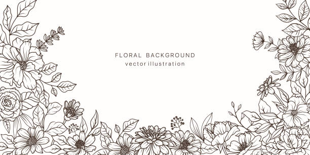 Flower line art background. Floral plant leaf frame design. Spring vintage bouquet luxury pattern. Vector illustration nature summer card Flower line art background. Floral plant leaf frame design. Spring vintage bouquet luxury pattern. Vector illustration nature summer card floral border black white roses silhouette stock illustrations