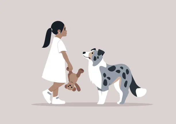 Vector illustration of Little Girls Afternoon Walk With Her blue marble border collie dog and Teddy Bear, A young kid strolls with her loyal pup, holding a toy, sharing a moment of innocent playtime