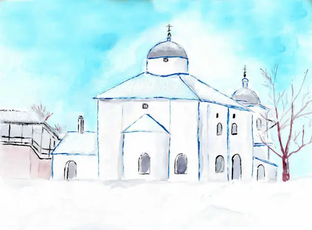 Vector illustration of Winter landscape with church