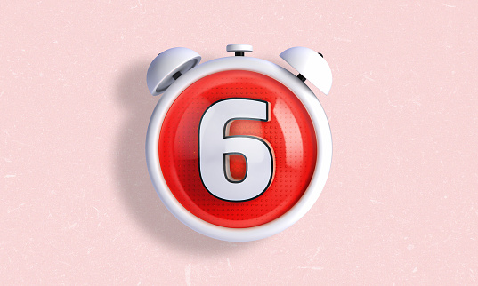 3D illustration of a clock style counter and stopwatch in white color with the number 6 inside. 6th