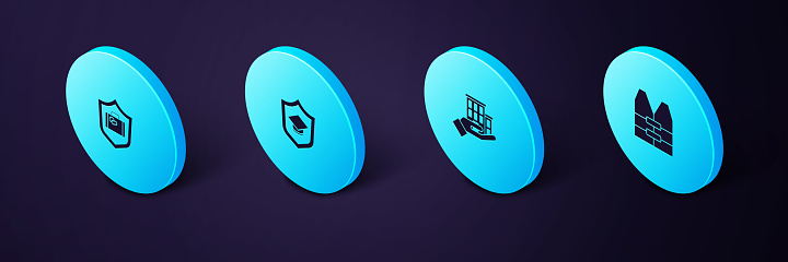 Set Isometric Life jacket, House insurance, Graduation cap with shield and Travel suitcase icon. Vector.