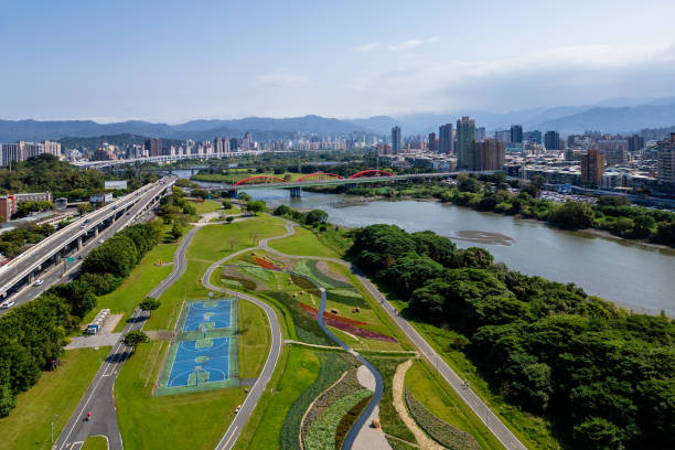istock pipe bridge and guting riverside park located at Taipei 2136858921