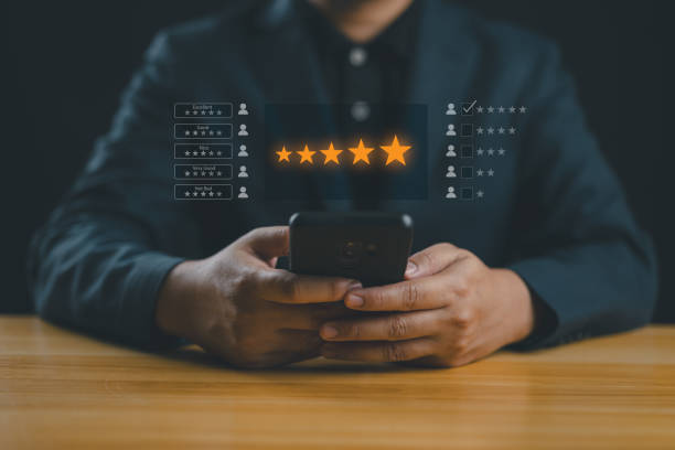 User give rating to service experience on online application, Customer review satisfaction feedback survey concept, Customer can evaluate quality of service leading to reputation ranking of business.
