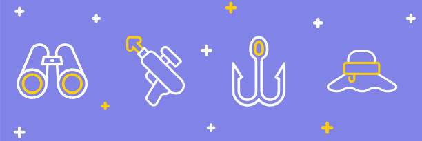 Set line Fisherman hat Fishing hook harpoon and Binoculars icon. Vector.