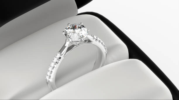 istock Platinum Diamond ring in box on white background, close-up, 3d render. 2136952326