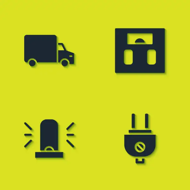 Vector illustration of Set Delivery cargo truck, Electric plug, Flasher siren and Bathroom scales icon. Vector