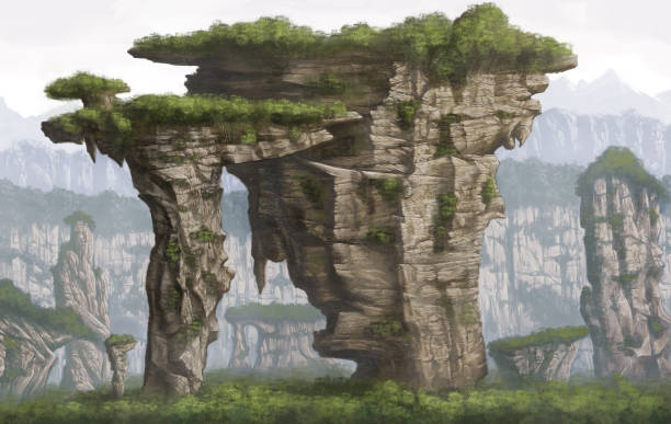Concept art of rocky pillar mountains by Aaron Wong Digital painting of mountains with rocky surface by Aaron Wong scenery video stock illustrations