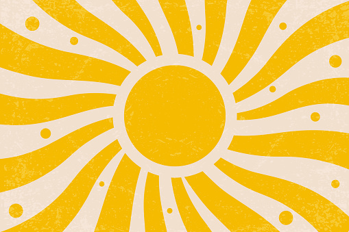 Retro summer sun background. Vector groovy sunshine wavy rays in vintage grunge design. 70s radial poster. Modern illustration