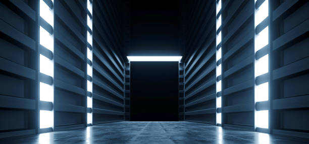 istock Futuristic Modern Sci Fi Concrete Hallway Corridor Tunnel Warehouse Underground Garage Grunge Dark Empty Reflection Showcase Stage White Blue Glow Spaceship 3D Rendering 2137046324