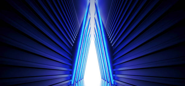 Cyber Alien Neon Sci Fi Blue Triangle Shaped Spaceship Concrete Grunge Tunnel Corridor Hallway Entrance Path Dark Glow Blue Laser Led 3D Rendering Illustration