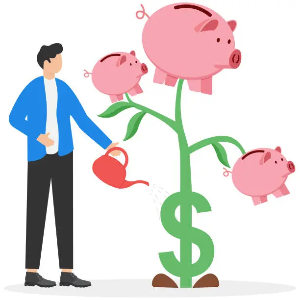 Vector illustration of Investor finish watering growing money plant seedling with piggy bank flower. Financial and investment growth, increase earning profit, success in wealth management.