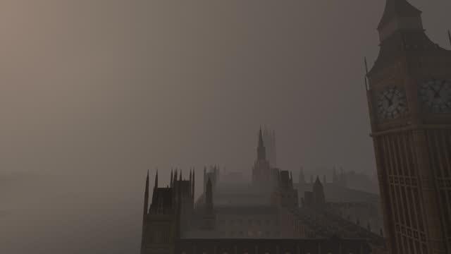 Overcast aerial view with haze of Big Ben in London. United Kingdom