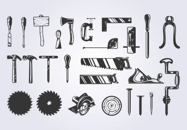 collection set of carpenters tool vintage illustration vector design, icon logo symbol of carpentry