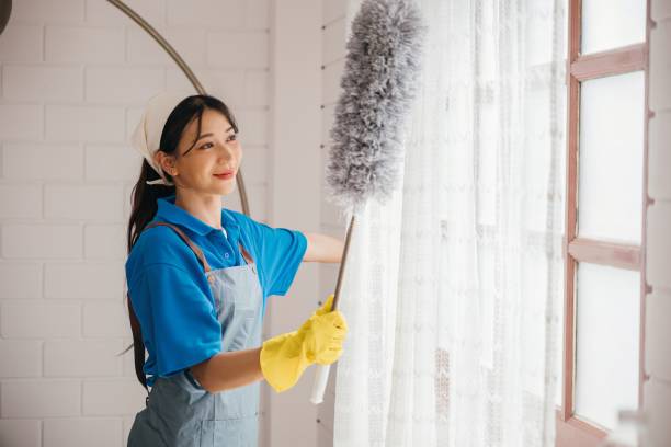 istock Enjoyment in routine cleaning for this smiling Asian woman. She stands dusting window blinds with duster. Ensuring hygiene and purity at home. Modern cleaning service portraying happy occupation. 2137056820